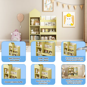 English Elm Yellow Kids Wooden Bookshelf Organizer with 6 Compartments, 2 Removable Bins, Sturdy MDF, Playroom Storage W2876P233555