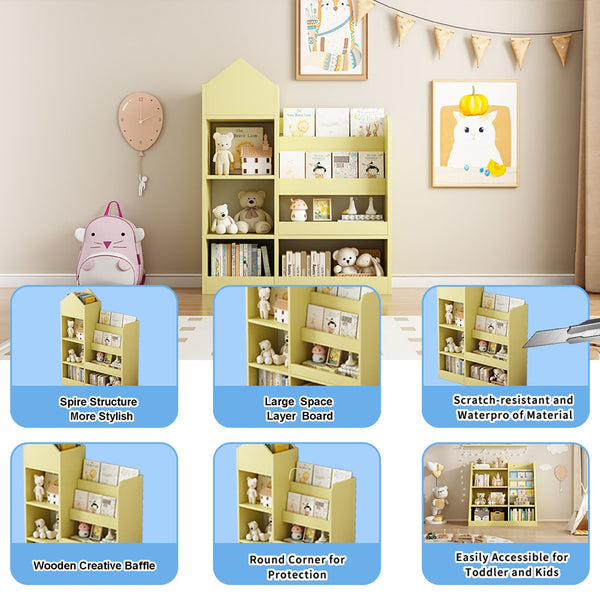 English Elm Yellow Kids Wooden Bookshelf Organizer with 6 Compartments, 2 Removable Bins, Sturdy MDF, Playroom Storage W2876P233555