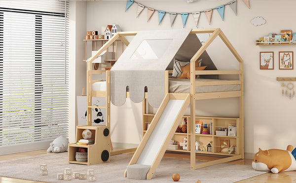 English Elm Full Size Kids House Loft Bed Pinewood Frame with Tent Slide and Play Storage Natural LT000683AAD