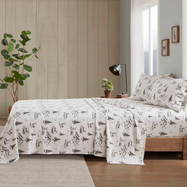 English Elm 4 Pcs Cozy Gray Deer Toile Full Sheet Set - Soft 100% Cotton Flannel For Warm Country Style Bedding B035P319772