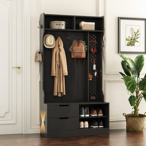 English Elm Hall Tree with Bench Six Hooks Open Shelves Matte Black Mdf Entryway Organizer W1321P444289