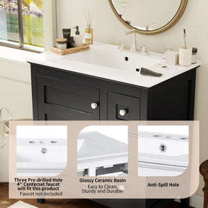 English Elm 30 Inch Bathroom Vanity with Ceramic Sink and 3 Smooth-Glide Drawers, Modern Moisture-Resistant Storage Black N710P252105B