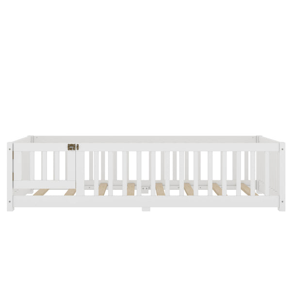 English Elm Twin Twin Size Floor Bed with Safety Guardrails and Playful Door for Kids, Pine/Plywood, Low Profile White W1580P338944