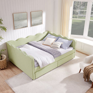 English Elm Queen Gingham Linen Daybed with Wave Backrest Two Storage Drawers and Usb Port Green W1413S00151