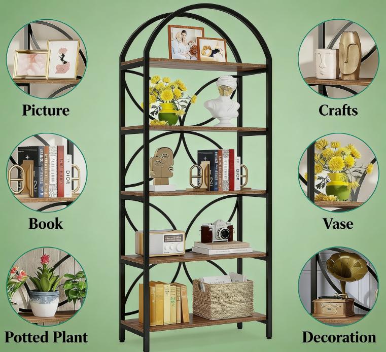 English Elm Storage Bookshelf with Vine Panel Design Seven Open Tiers for Living Room or Office T3971P463755