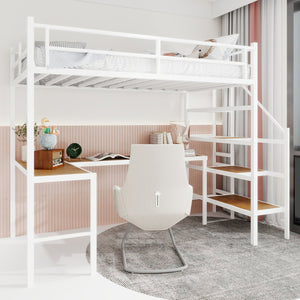 English Elm Loft Bed with L-shaped Desk Stair Storage and Full Guardrail Iron Frame White W1935S00008