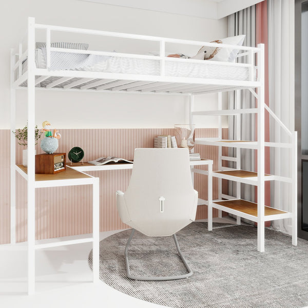 English Elm Loft Bed with L-shaped Desk Stair Storage and Full Guardrail Iron Frame White W1935S00008