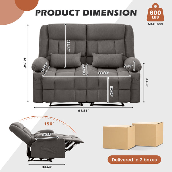 English Elm Recliner Oversized Manual Loveseat with Cup Holders and Side Pocket, Ergonomic 150° Recline, 600lb Capacity Grey W1521S00074