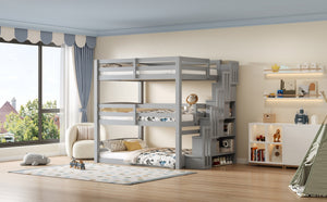 English Elm Full Size Triple Bunk Bed Solid Pine Frame with Storage Staircase Separate Convertible Design Gray N7090000477E