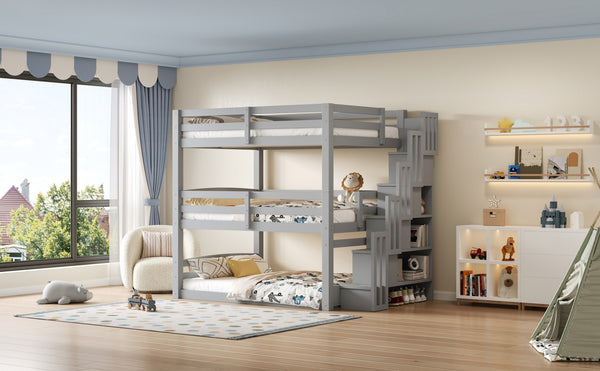 English Elm Full Size Triple Bunk Bed Solid Pine Frame with Storage Staircase Separate Convertible Design Gray N7090000477E