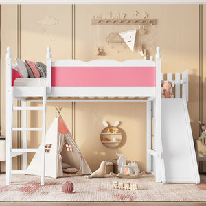 English Elm Full Loft Bed With Detachable Slide, Storage Shelves, And Cabinet In Pink & White – Fun & Functional! W1580S00245
