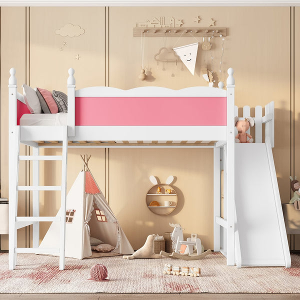 English Elm Full Loft Bed With Detachable Slide, Storage Shelves, And Cabinet In Pink & White – Fun & Functional! W1580S00245