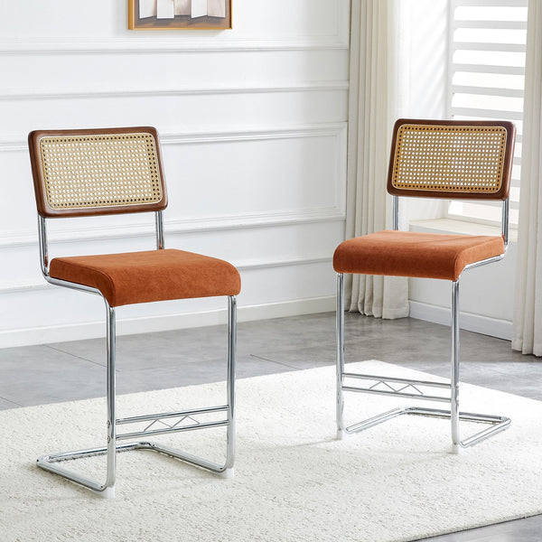 English Elm Natural Rattan Backrest Counter Stools Set of Two with Velvet Seat and Chrome Legs W2920P395621