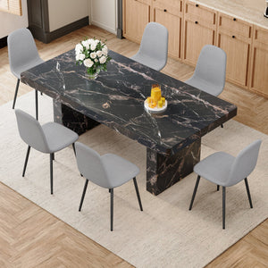 English Elm Table and Chair Set 7 Piece Marble Pattern Mdf Top with Linen Dining Seats Black,Light Gray W1151S03920