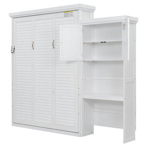 English Elm Queen Size Murphy Bed With Stylish Louvered Design, Multi-Storage Shelves, And Elegant White Finish N7090004018K-GIGA