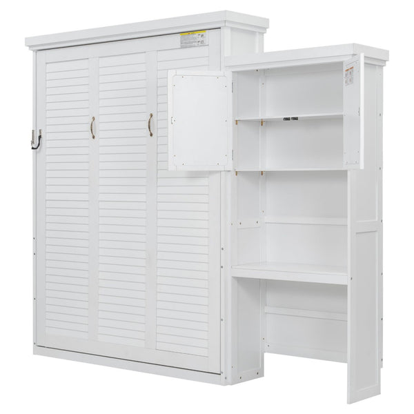 English Elm Queen Size Murphy Bed With Stylish Louvered Design, Multi-Storage Shelves, And Elegant White Finish N7090004018K-GIGA