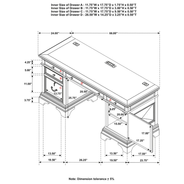 English Elm Stigham Burnish Oak five-drawer credenza desk with warm grain finish, spacious surface, ergonomic storage for organized workspaces B062S00652