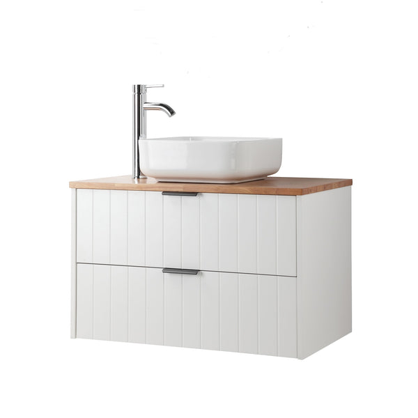 English Elm 32-Inch Wall-Mounted Bathroom Vanity: Modern White Cabinet, Solid Wood Top, Double Drawer Storage W3151S00012