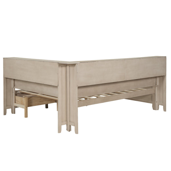 English Elm Full Full Size Wood Daybed with 3 Drawers & Shelves, Antique White Milk Finish — Storage, Charm, 400lb Capacity GX002214AAK