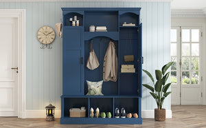 English Elm On-trend Farmhouse Hall Tree with Dual Cabinets Seven Hooks and Arched Entryway Storage Blue N721S000078C