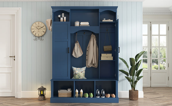 English Elm On-trend Farmhouse Hall Tree with Dual Cabinets Seven Hooks and Arched Entryway Storage Blue N721S000078C