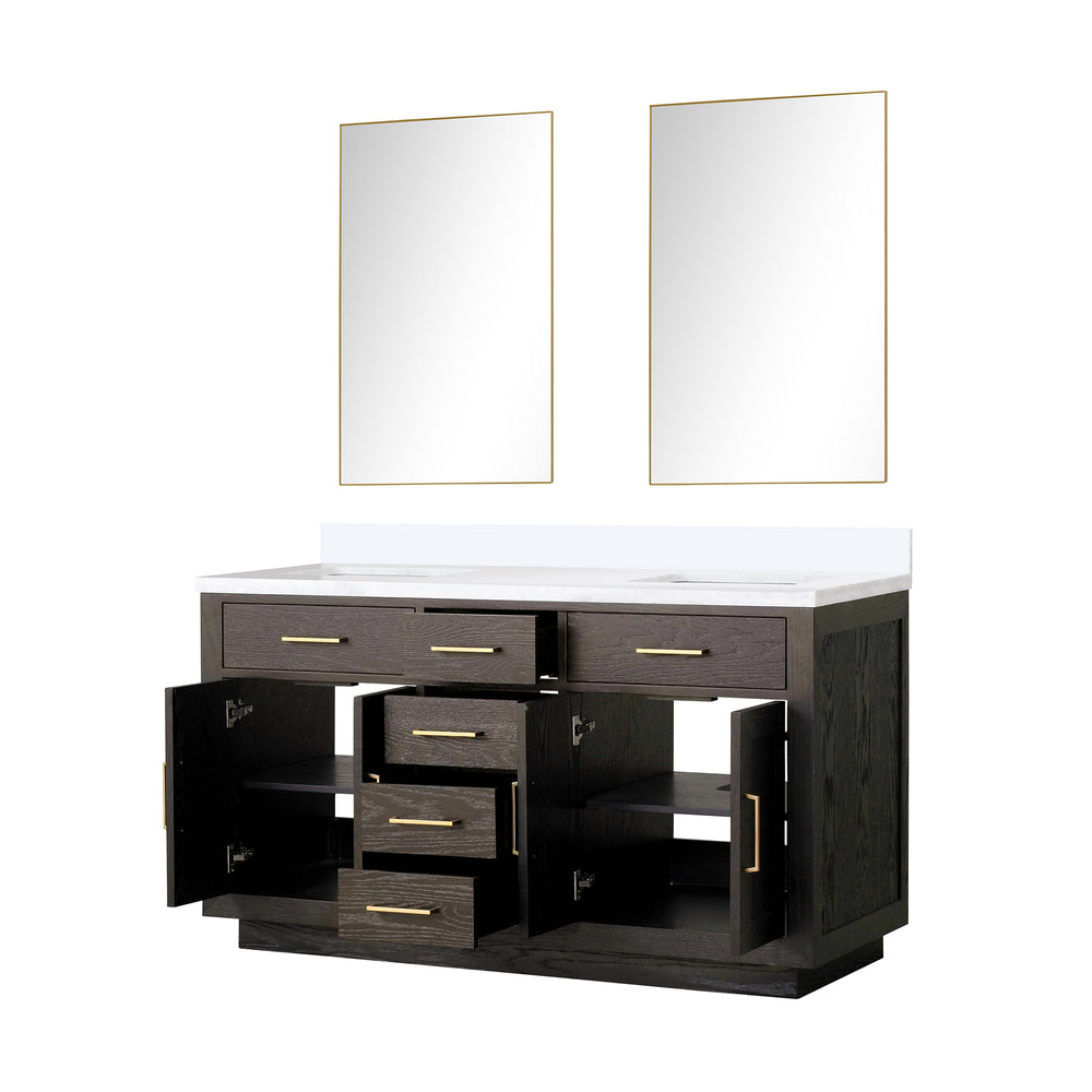 English Elm Brown Oak Double Bath Vanity With White Quartz Top & 28" Mirrors - Elegant, Durable, Modern Design! B2731S01532