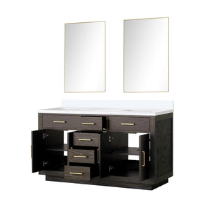 English Elm Brown Oak Double Bath Vanity With White Quartz Top & 28" Mirrors - Elegant, Durable, Modern Design! B2731S01532