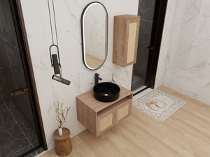 English Elm 30" Floating Bathroom Vanity Set with Ceramic Vessel Sink and Rattan Side Cabinet W999S00496