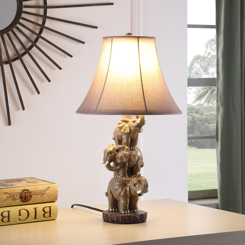 English Elm 21" Brown Grey 3 Stacked Elephants Polyresin Table Lamp with Cocoa Linen Shade, 60W LED Ready B072P222440