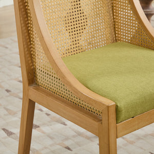 English Elm Rattan Solid Wood Dining Chair with Linen Seat and Decorative Armrests, Rustic Natural Finish Olive Green W1143P335054