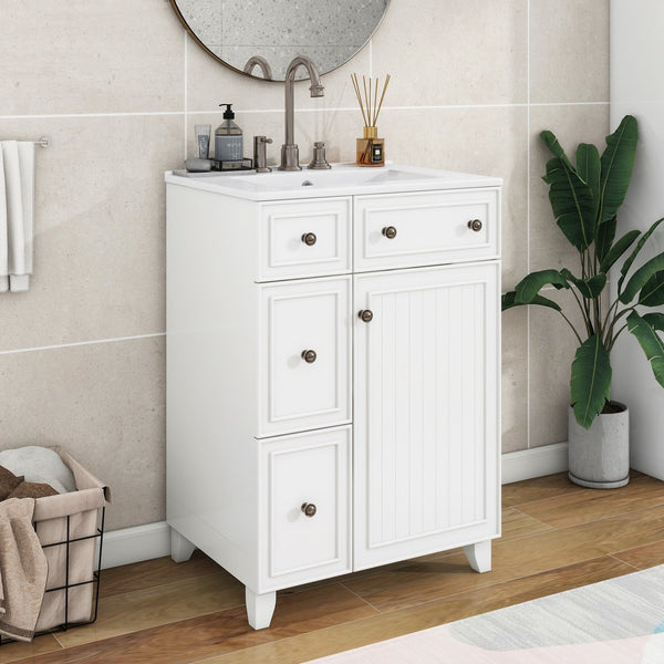 English Elm 24-Inch Bathroom Vanity Cabinet with Ceramic Sink, Space-Saving Storage, Solid Wood Feet, Durable Finish White WF532034AAK