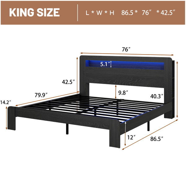 English Elm Bed Queen Platform Wood Frame Led Headboard Usb Charging Under Storage Modern W636P318040