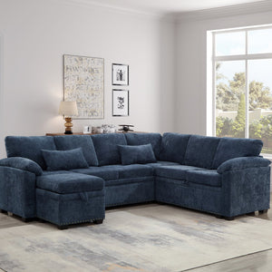 English Elm 97 Inch L-shaped Chenille Sectional Sofa with Sleeper Storage Ottoman 7 Seats Dark Blue W1669S00019