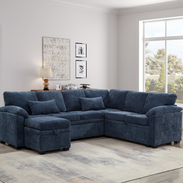 English Elm 97 Inch L-shaped Chenille Sectional Sofa with Sleeper Storage Ottoman 7 Seats Dark Blue W1669S00019