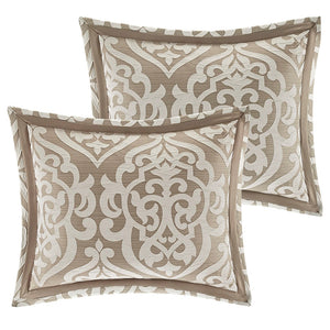English Elm 8 Piece Jacquard Comforter Set - Luxurious Tan/Ivory Queen Ensemble With Elegant Medallion Design B035128885
