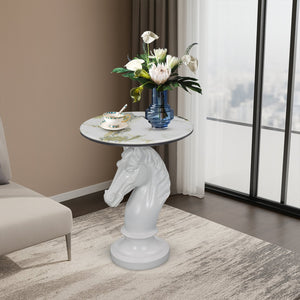 English Elm Horse Head Sculpted Resin End Table with Faux Marble Top for Bold Living Rooms White W5398P454678