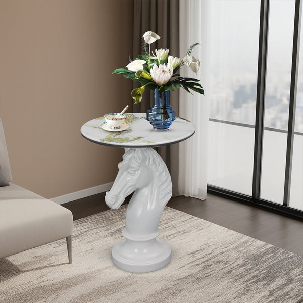 English Elm Horse Head Sculpted Resin End Table with Faux Marble Top for Bold Living Rooms White W5398P454678