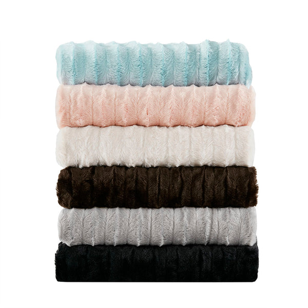 JLA Home Madison Park - Long Faux Fur Throw with Silky Micro-Fur Reverse, OEKO-TEX Certified, Lightweight Cozy 50x60 Inches Blue MP50-5784