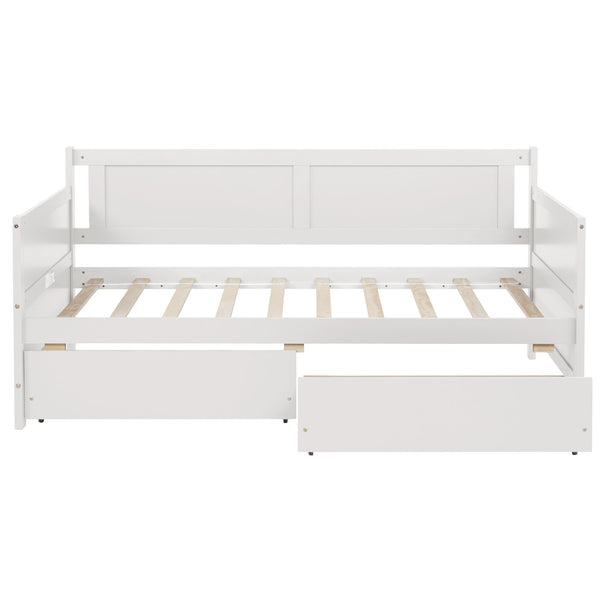 English Elm Twin Pine Wood Daybed with Two Hidden Storage Drawers, Space-Saving Twin Sofa Bed with Clean Silhouette White W504P149045