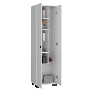 English Elm Lake Broom Slim Storage Cabinet with Inner Shelves, Side Broom Hangers & Bottom Compartment White B200S00400