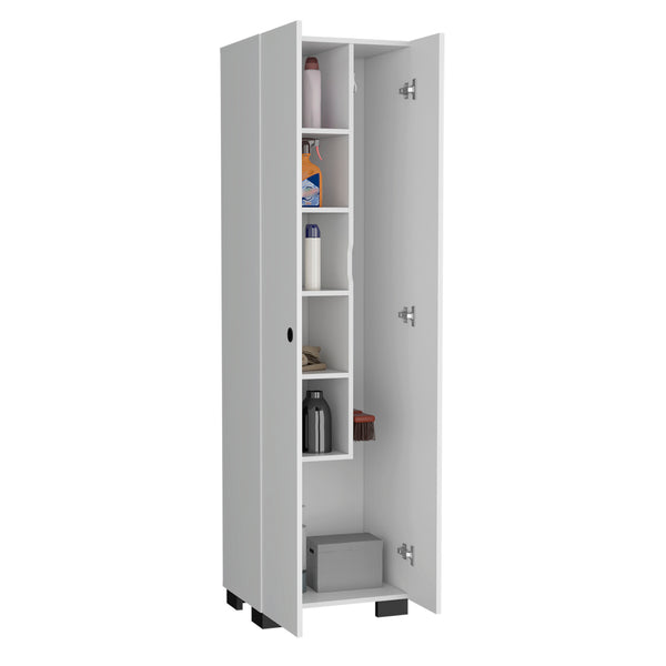 English Elm Lake Broom Slim Storage Cabinet with Inner Shelves, Side Broom Hangers & Bottom Compartment White B200S00400