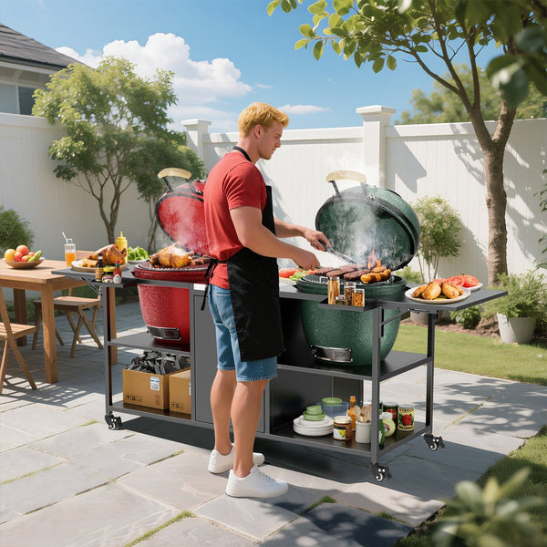 English Elm Outdoor Dual Kamado Grill Cart with Stainless Steel Top Iron Frame and Storage Cabinet W3190P328545