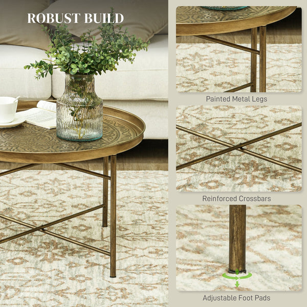 English Elm HOMCOM Vintage 24" Round Coffee Table with Hammered Floral Tray Top, Gold Metal Frame, Stable Chic W2225P200420