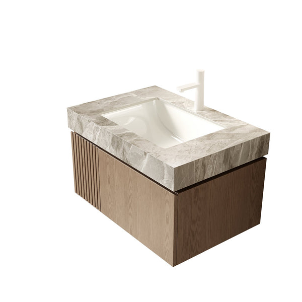 English Elm Muri Floating Bathroom Vanity Plywood Cabinet Sintered Stone Top Woodgrain Finish W2615S00592