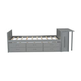 English Elm Twin Size Multifunctional Wood Platform Bed With Desk and Storage Shelf At The End Of The Bed, Built-In Trundle and 3 Drawers, Gray