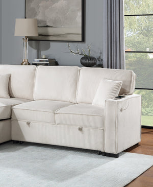 English Elm Convertible Corduroy Sectional Sofa with Reversible Chaise, Hidden Storage, USB Port & Pull-Out Bed Beige 60 L x 30 W x 19 H B011S01244