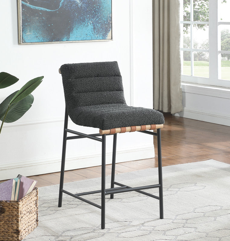 English Elm Liana Boucle Upholstered Counter Stool with Cognac Leather Accents and Iron Legs Dark Gray B2749P413185