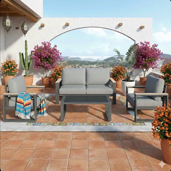 English Elm All-weather Aluminum Patio Conversation Set with Deep Cushions and Tempered Glass Table Gray B082S00113