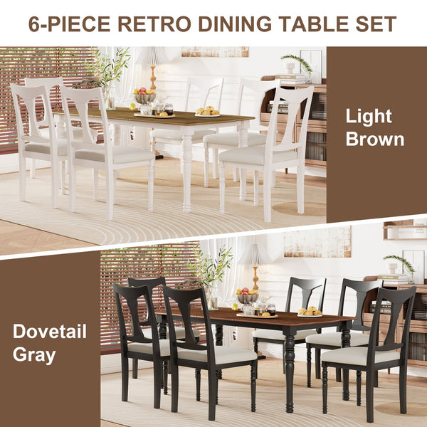 English Elm 7-piece Oak Veneer Extendable Dining Set with 6 Upholstered Chairs for Farmhouse Kitchens Black+Brown N752S100030B