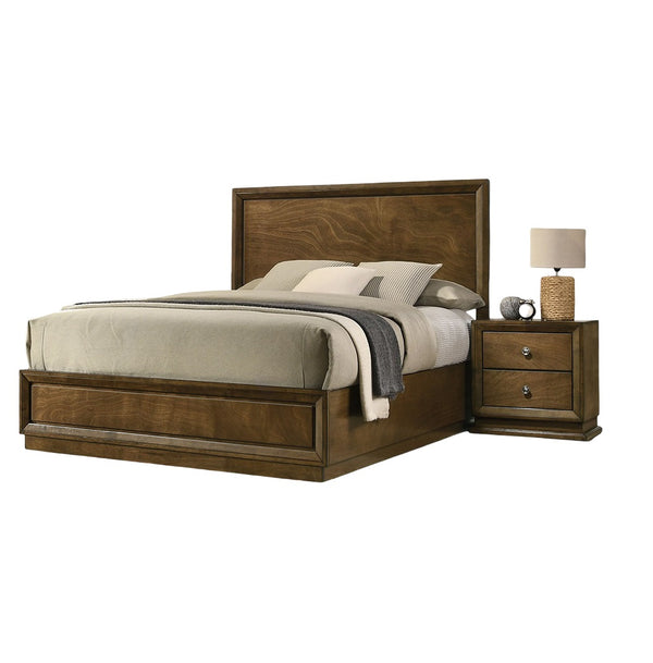 English Elm Walnut Finish King Bedroom Set Carved Headboard Rubberwood Frame with Two Nightstands B2741S00217